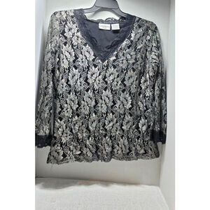 Women's kathy ireland Plus Black Silver Lace Blouse X